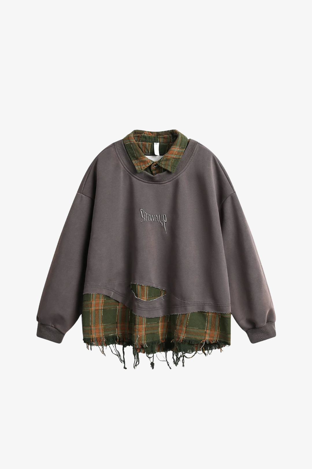 Retro Plaid-Layered Distressed Sweatshirt