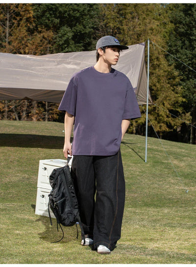 Back Seam Slogan Embroidered Drop Sleeve T-Shirt