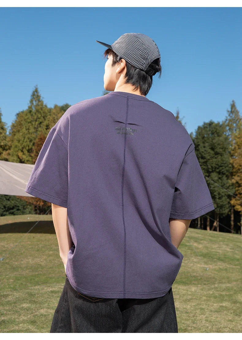 Back Seam Slogan Embroidered Drop Sleeve T-Shirt