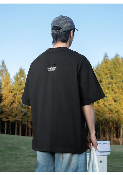 Back Seam Slogan Embroidered Drop Sleeve T-Shirt