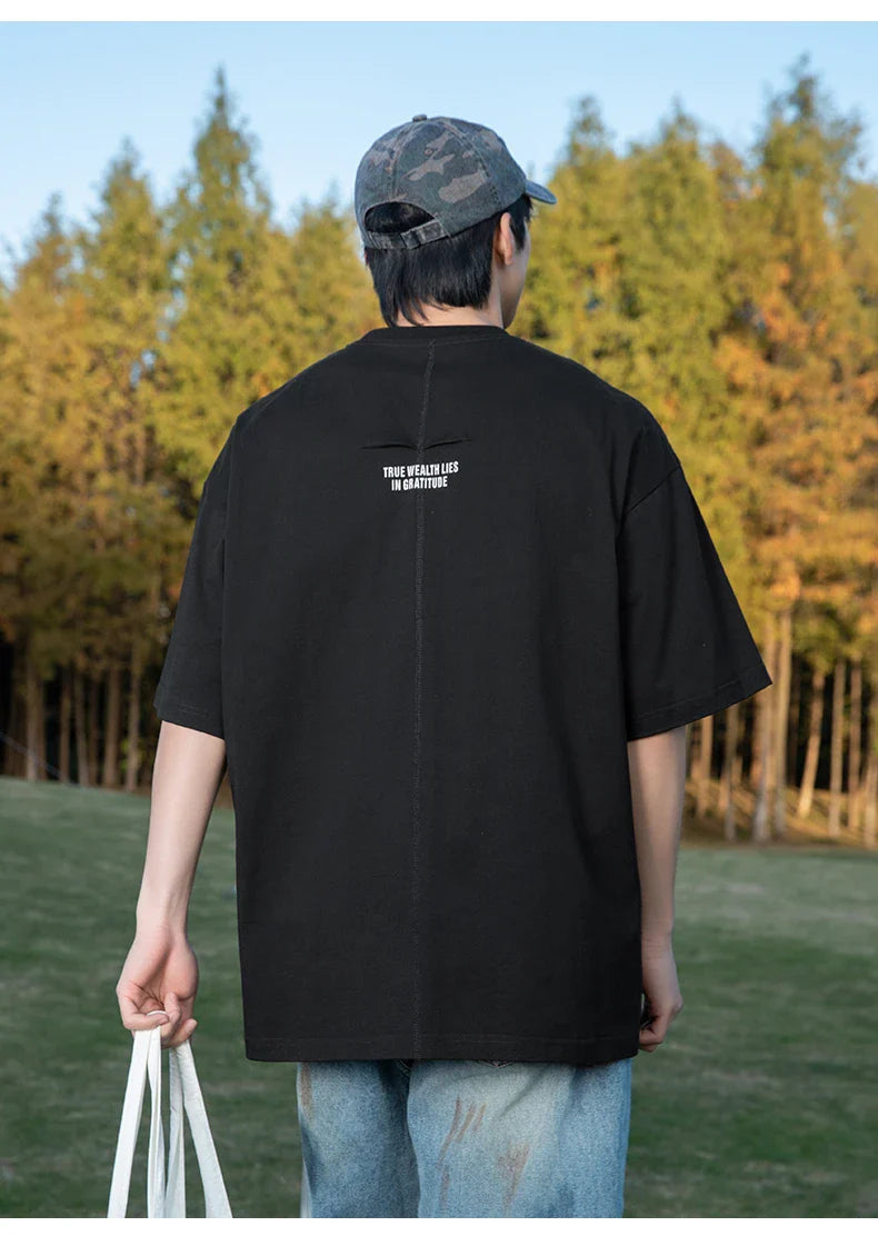Back Seam Slogan Embroidered Drop Sleeve T-Shirt