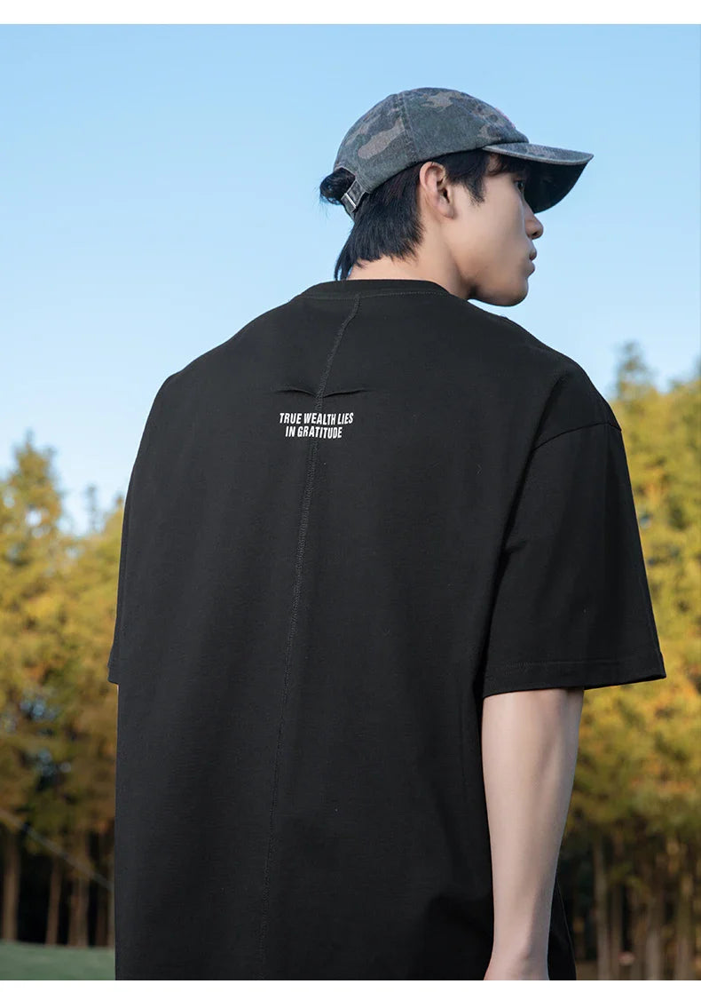 Back Seam Slogan Embroidered Drop Sleeve T-Shirt