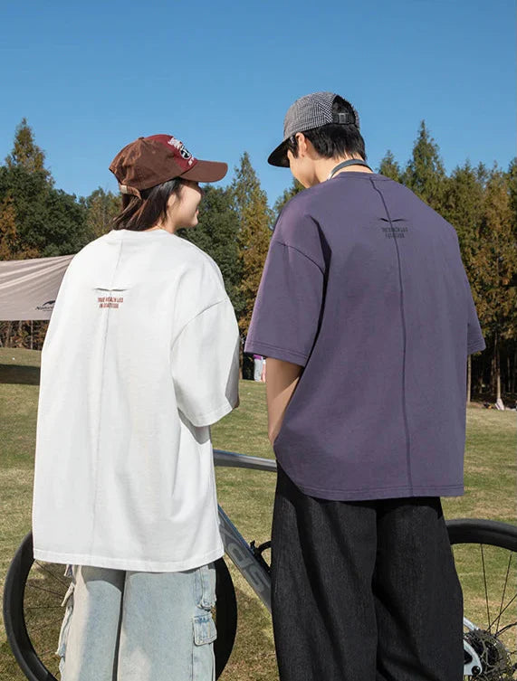 Back Seam Slogan Embroidered Drop Sleeve T-Shirt