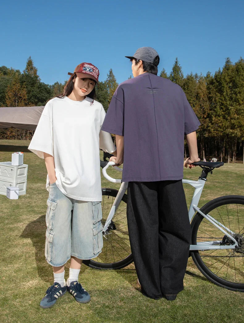 Back Seam Slogan Embroidered Drop Sleeve T-Shirt
