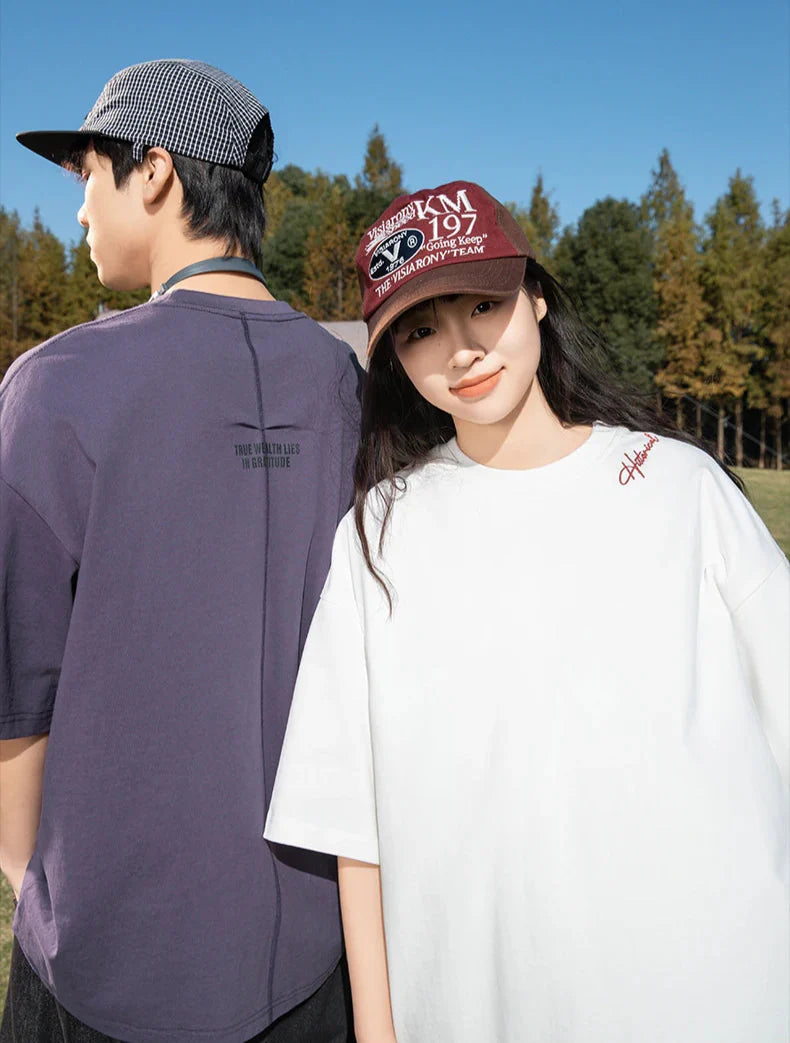 Back Seam Slogan Embroidered Drop Sleeve T-Shirt