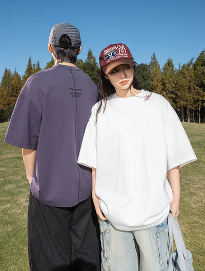 Back Seam Slogan Embroidered Drop Sleeve T-Shirt