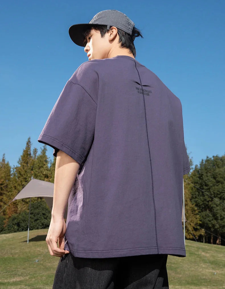 Back Seam Slogan Embroidered Drop Sleeve T-Shirt