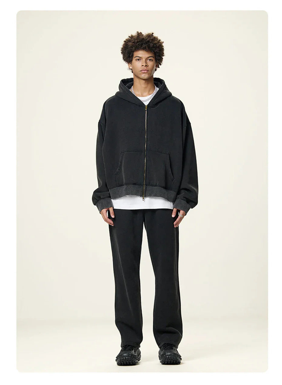 Boxy Crop Washed Zip-Up Hoodie