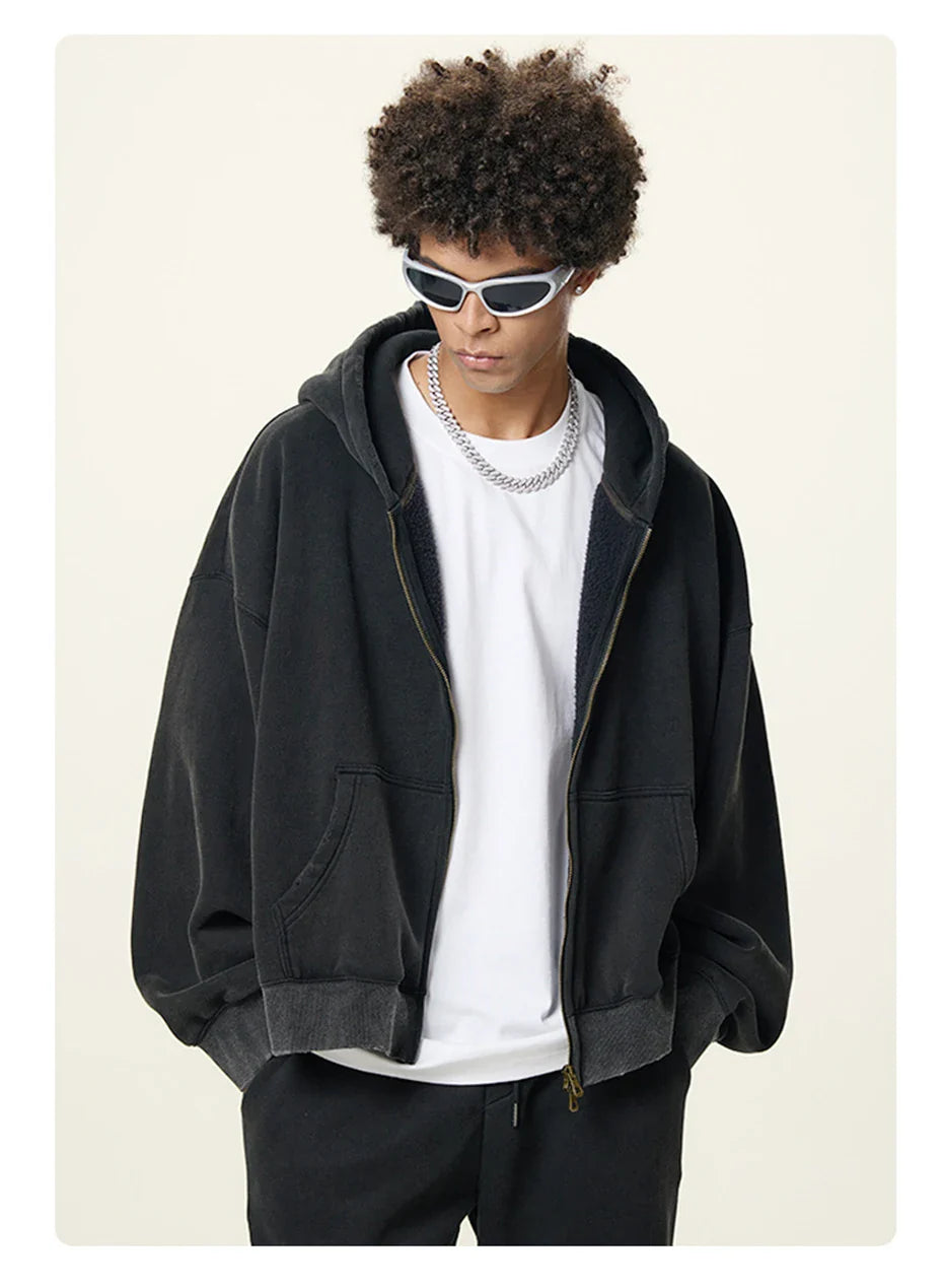 Boxy Crop Washed Zip-Up Hoodie