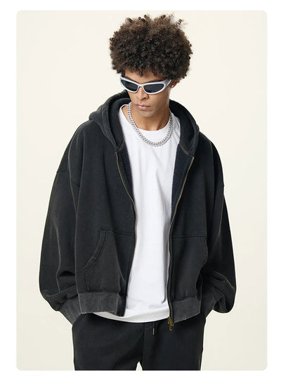 Boxy Crop Washed Zip-Up Hoodie