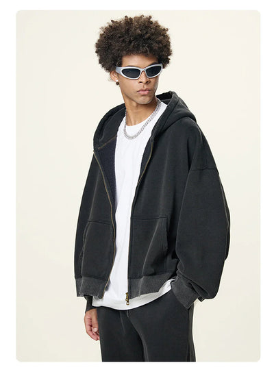 Boxy Crop Washed Zip-Up Hoodie