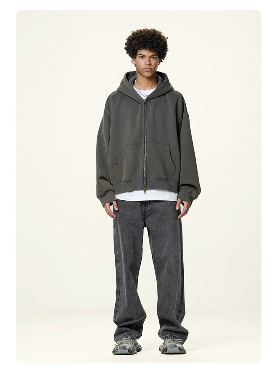 Boxy Crop Washed Zip-Up Hoodie