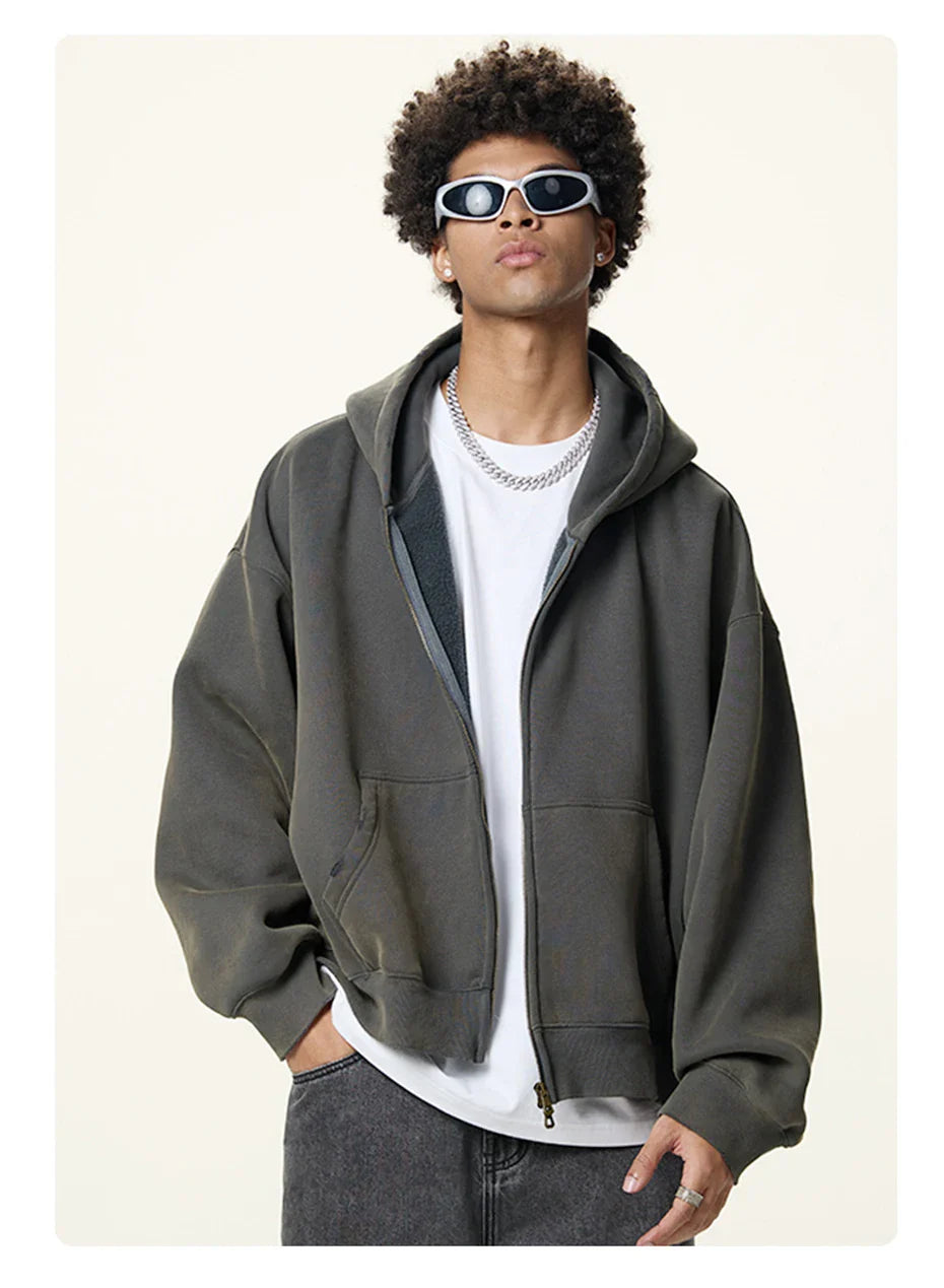 Boxy Crop Washed Zip-Up Hoodie