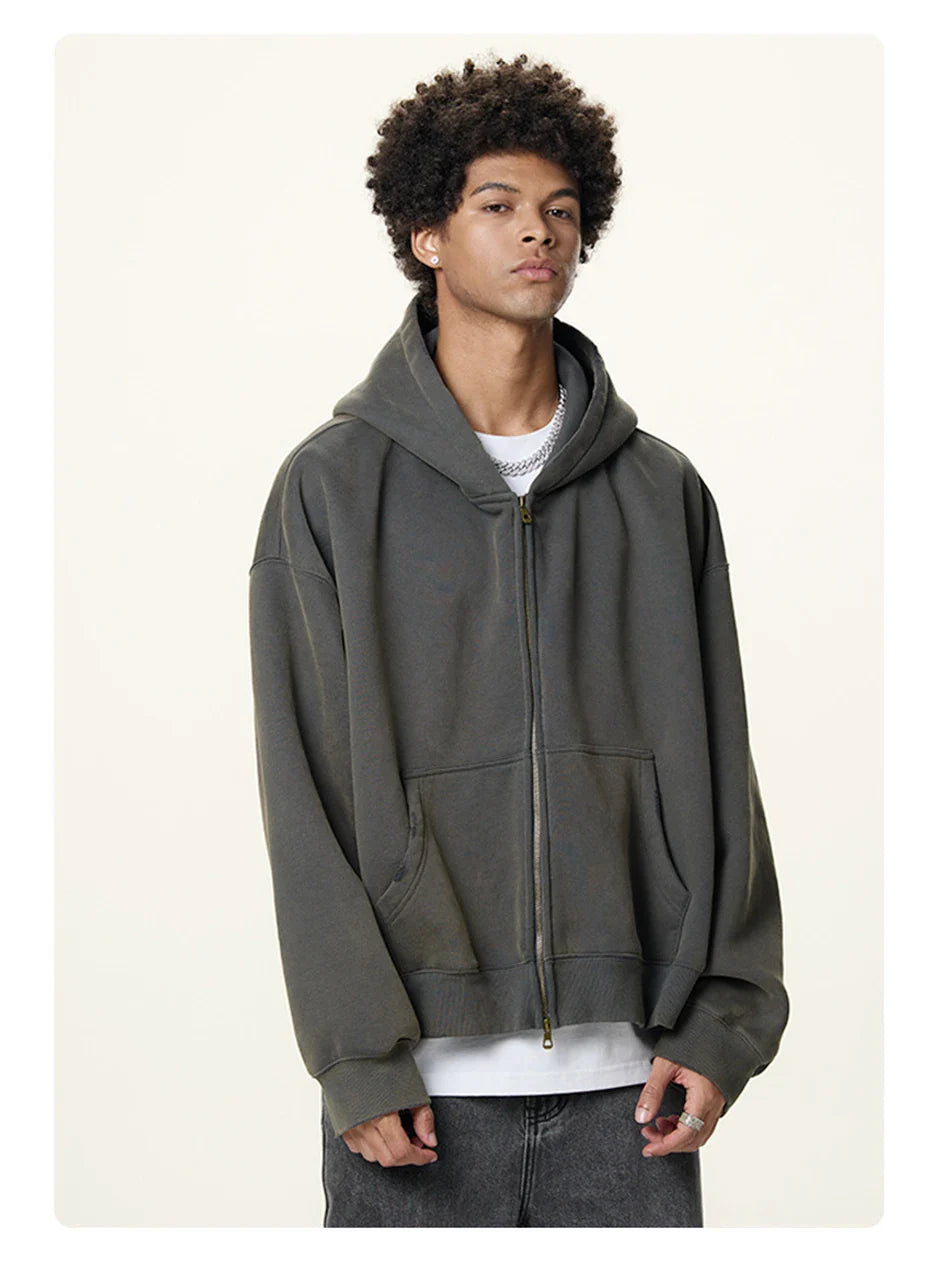 Boxy Crop Washed Zip-Up Hoodie