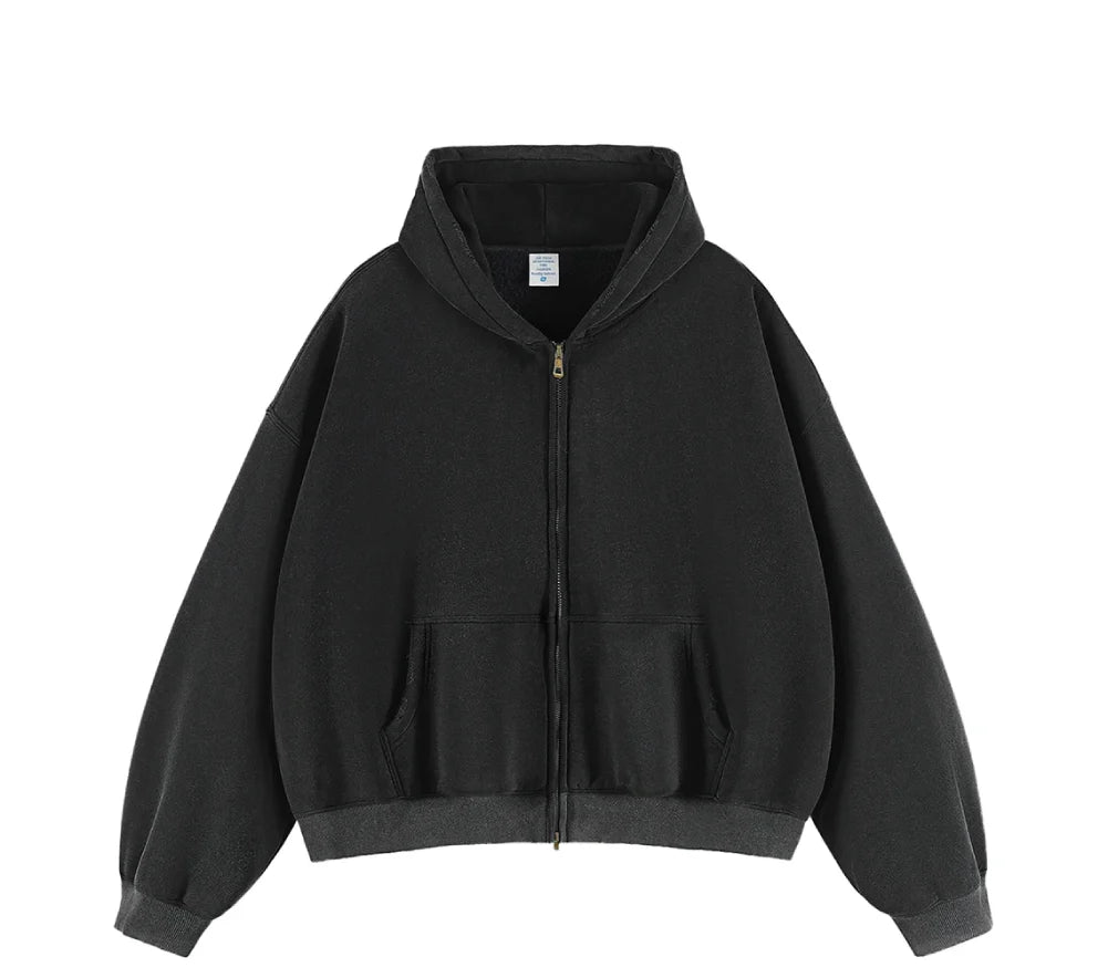 Boxy Crop Washed Zip-Up Hoodie