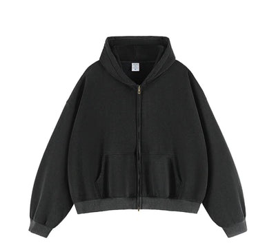 Boxy Crop Washed Zip-Up Hoodie