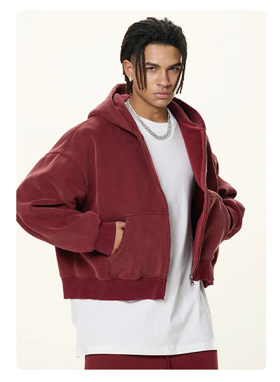 Boxy Crop Washed Zip-Up Hoodie
