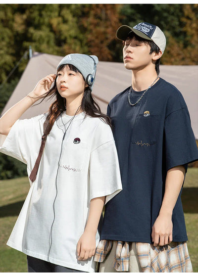 Cartoon Embroidery Pocket T-Shirt