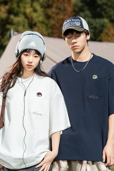 Cartoon Embroidery Pocket T-Shirt