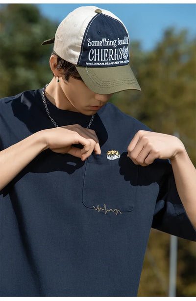 Cartoon Embroidery Pocket T-Shirt