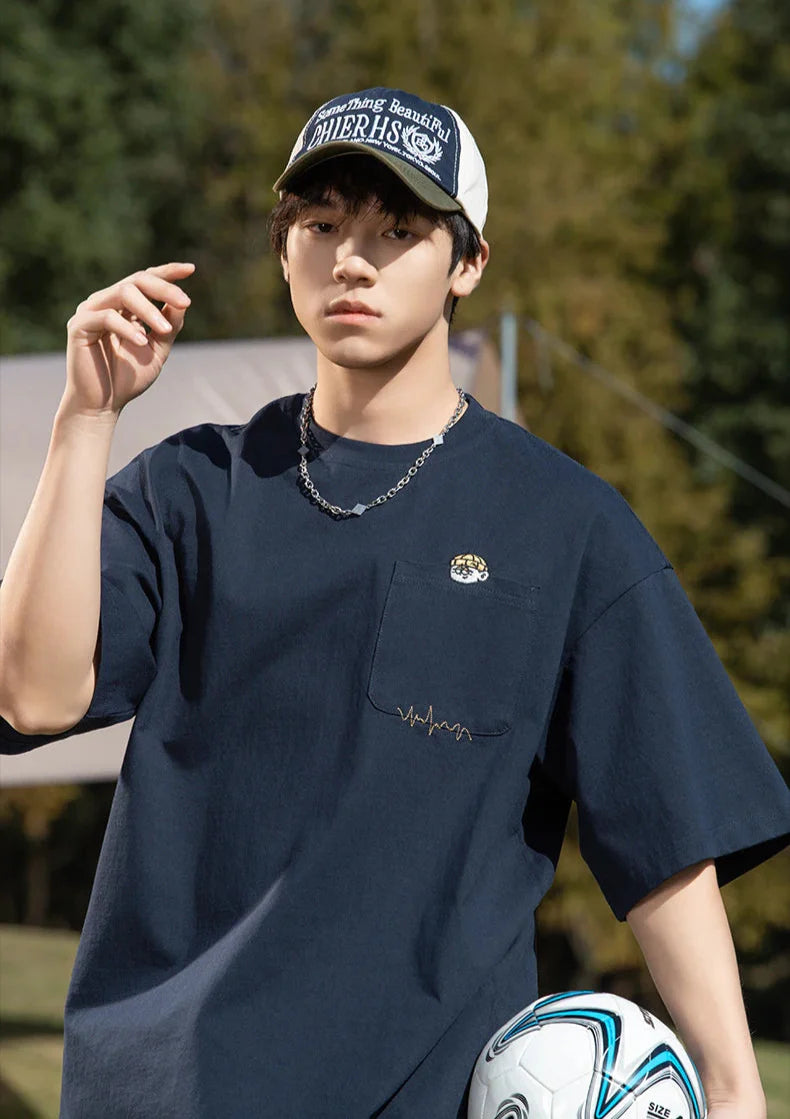 Cartoon Embroidery Pocket T-Shirt