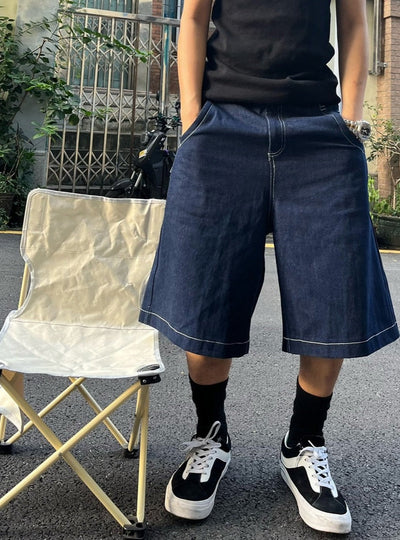 '90's New York' Contrast Stitch Denim Shorts
