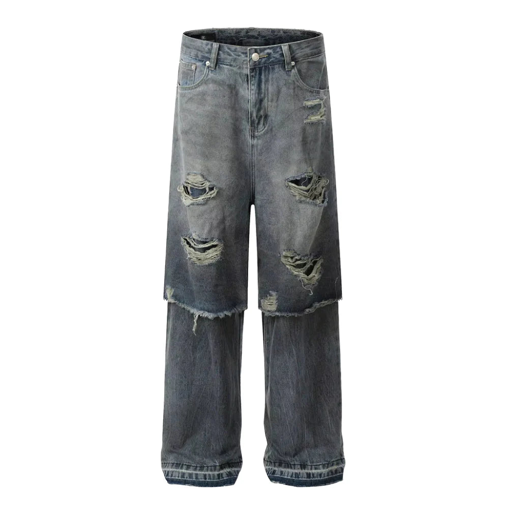 Double Layer Destructed Denim Jeans