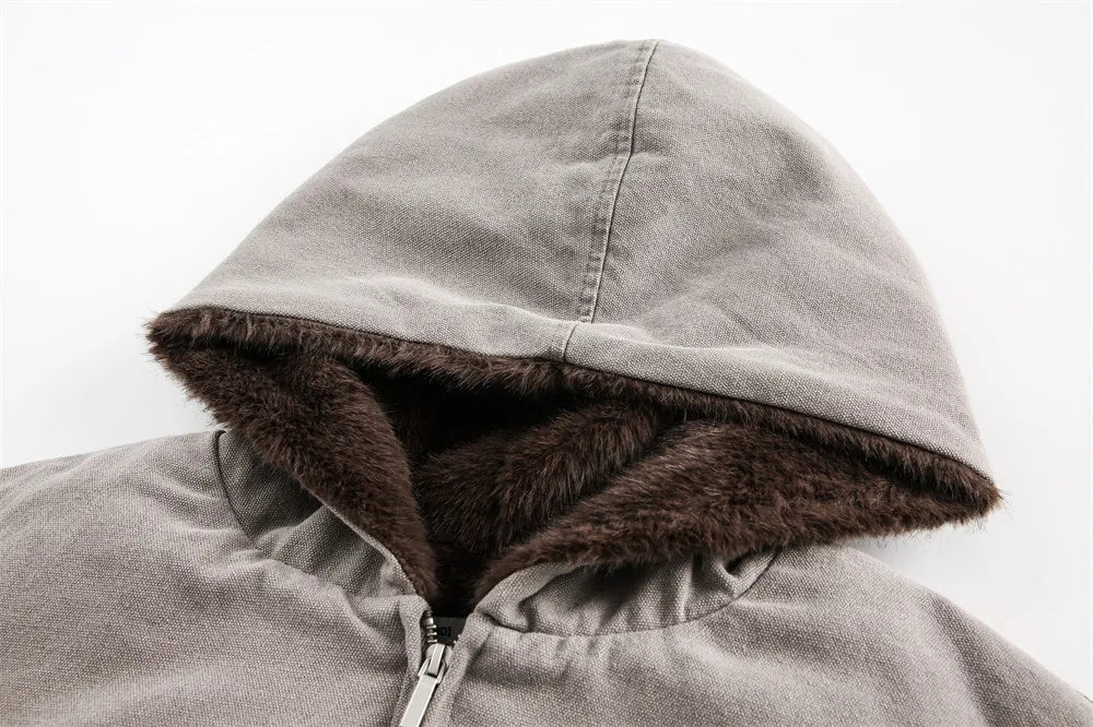 Faux Fur Lined Washed Canvas Hooded Jacket