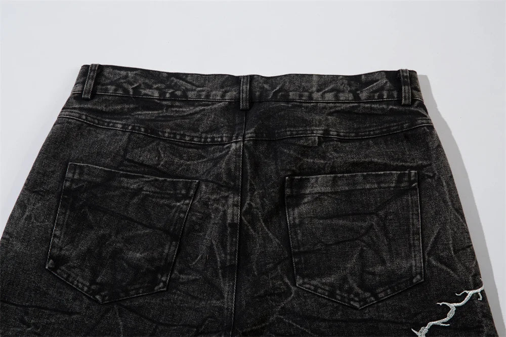 Lightning Embroidery Wide-Leg Jeans