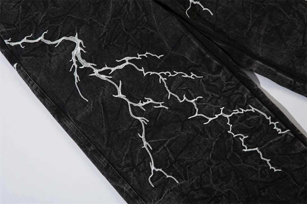 Lightning Embroidery Wide-Leg Jeans