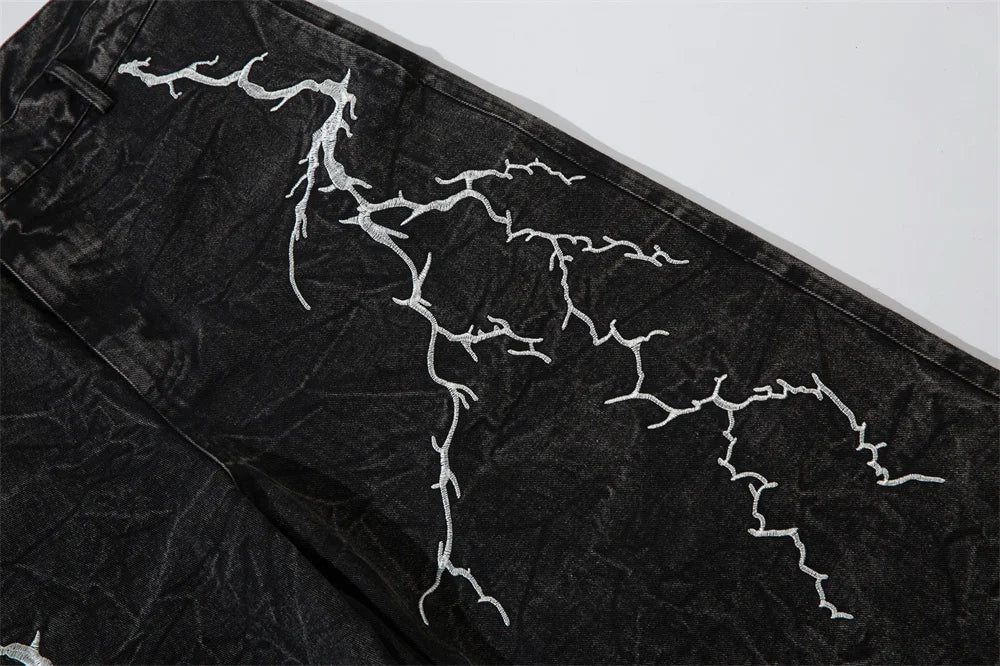 Lightning Embroidery Wide-Leg Jeans