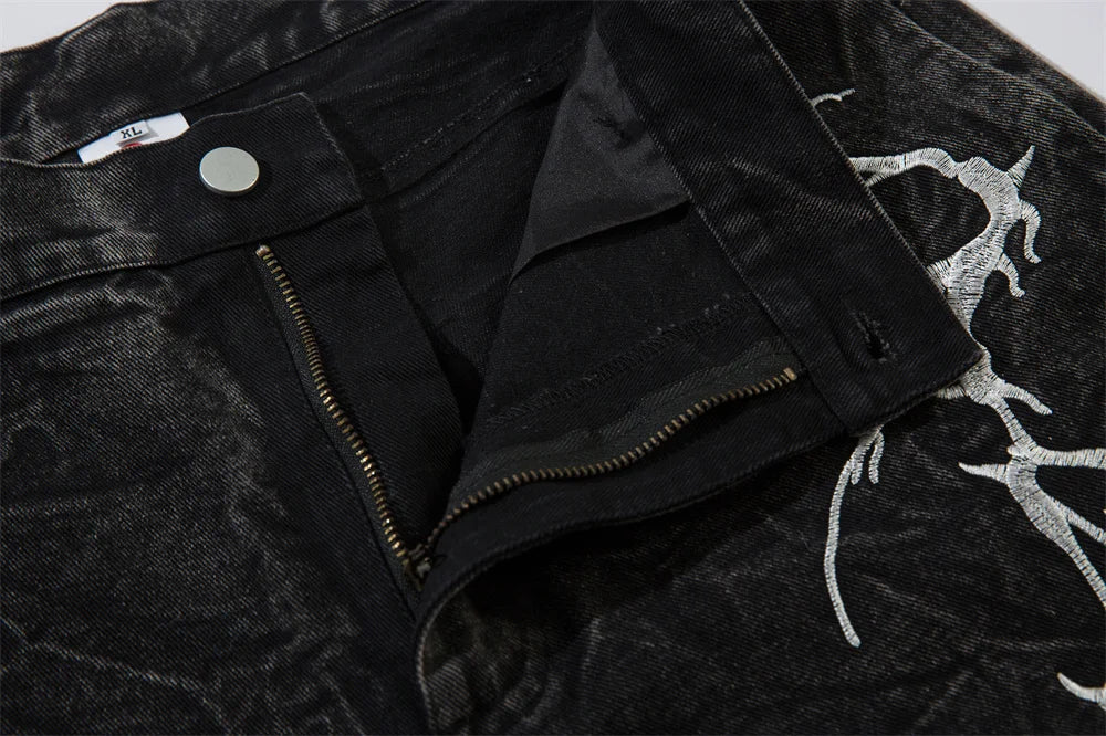 Lightning Embroidery Wide-Leg Jeans