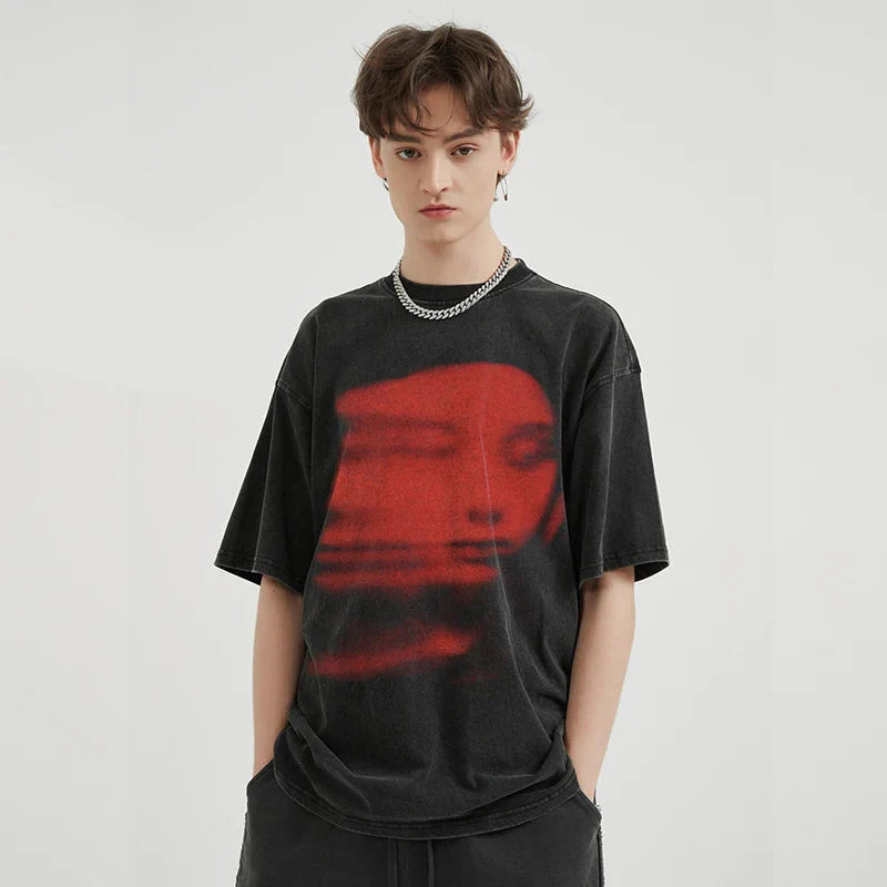 'Red Phantom Face' Acid Wash Graphic T-Shirt
