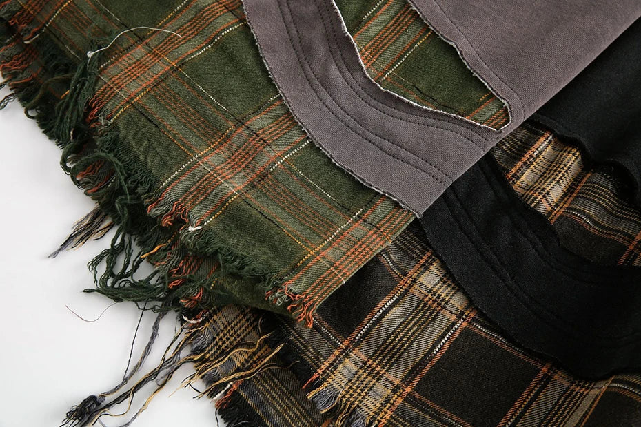 Retro Plaid-Layered Distressed Sweatshirt