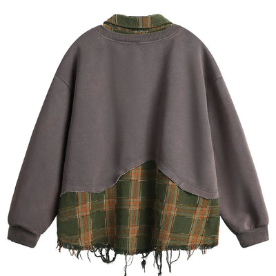 Retro Plaid-Layered Distressed Sweatshirt