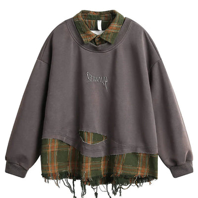 Retro Plaid-Layered Distressed Sweatshirt
