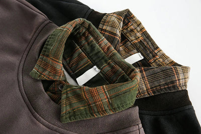 Retro Plaid-Layered Distressed Sweatshirt