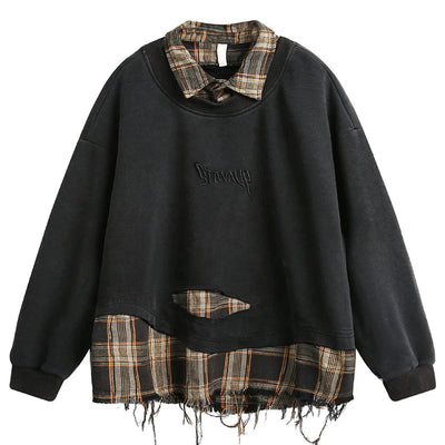 Retro Plaid-Layered Distressed Sweatshirt