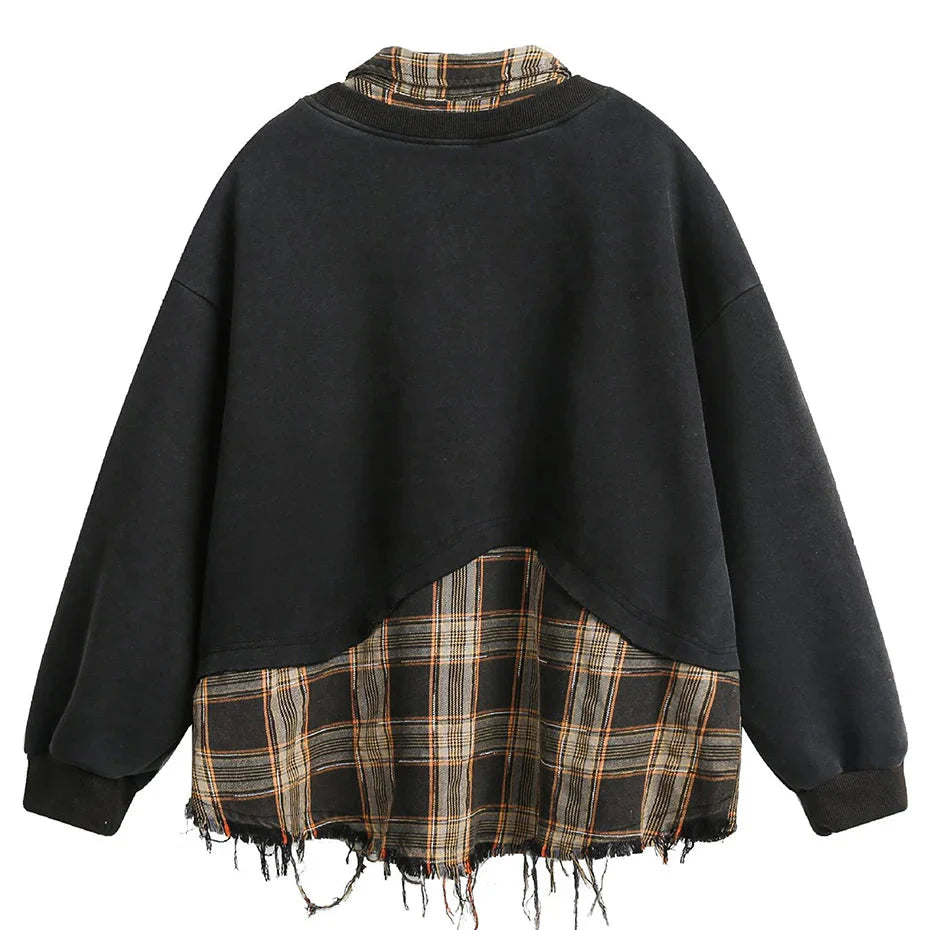 Retro Plaid-Layered Distressed Sweatshirt