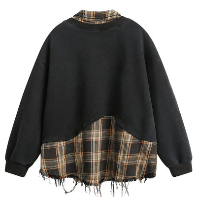 Retro Plaid-Layered Distressed Sweatshirt