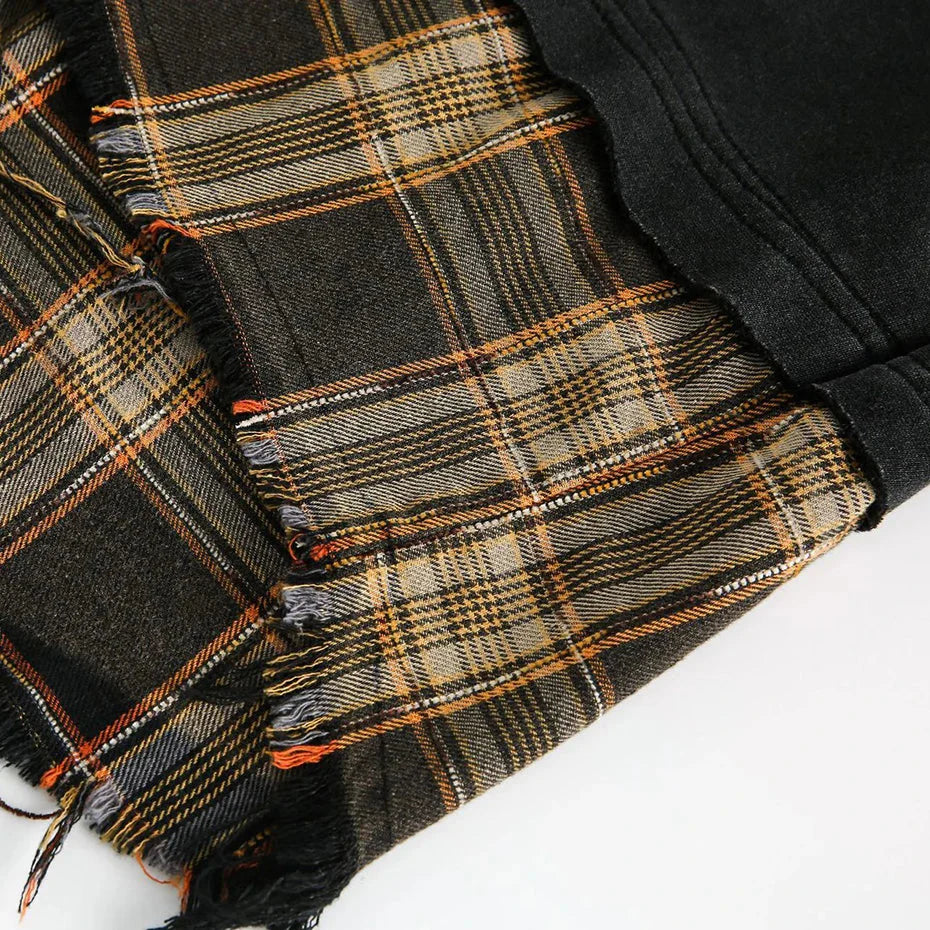Retro Plaid-Layered Distressed Sweatshirt