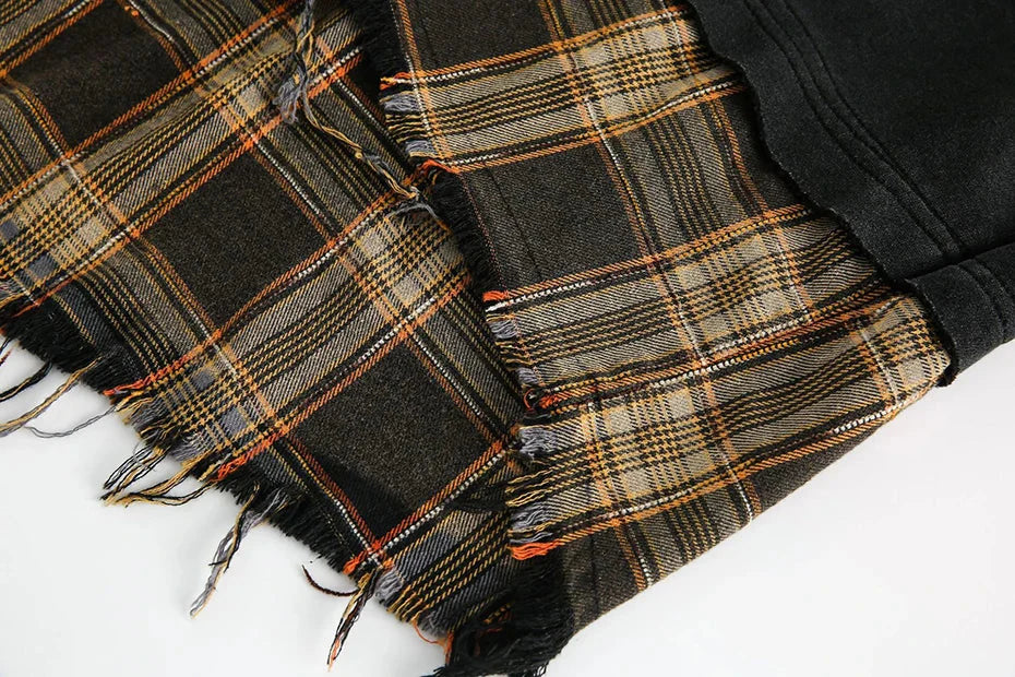 Retro Plaid-Layered Distressed Sweatshirt