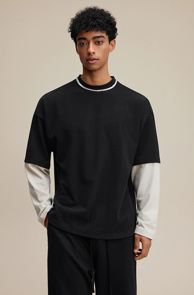 Contrast Mock Double Layer Long Sleeve T-Shirt