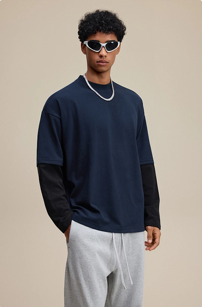 Contrast Mock Double Layer Long Sleeve T-Shirt