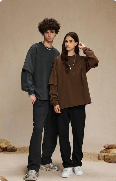 Washed Mock Double Layer Long Sleeve T-Shirt
