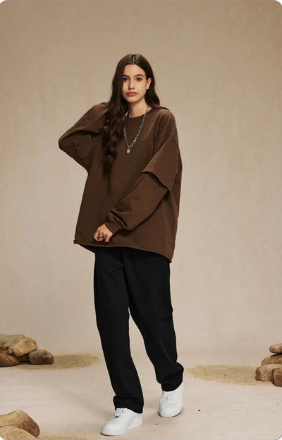 Washed Mock Double Layer Long Sleeve T-Shirt
