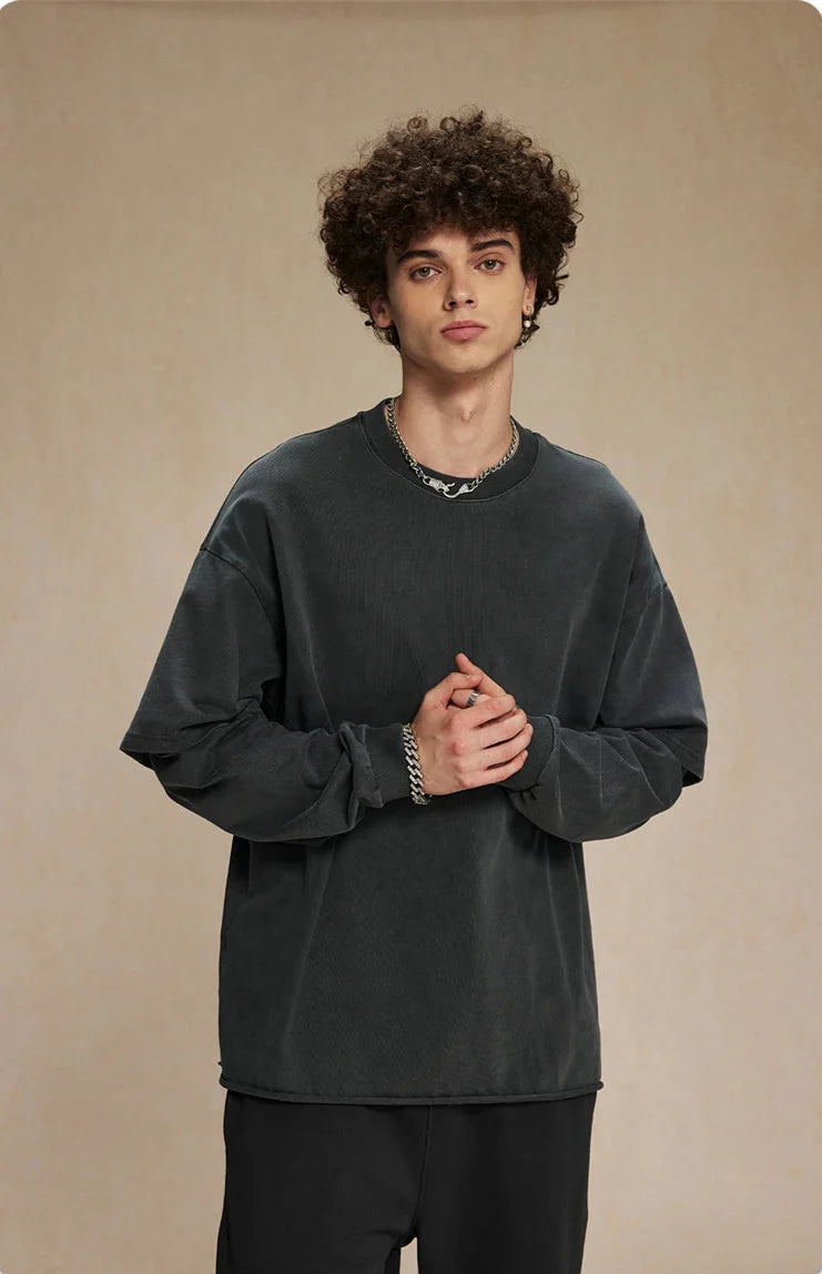 Washed Mock Double Layer Long Sleeve T-Shirt