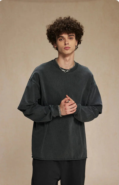 Washed Mock Double Layer Long Sleeve T-Shirt