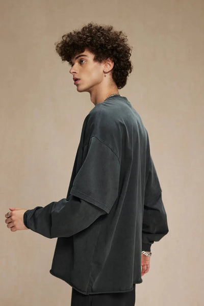 Washed Mock Double Layer Long Sleeve T-Shirt