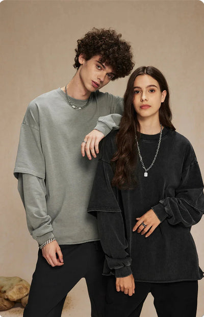 Washed Mock Double Layer Long Sleeve T-Shirt